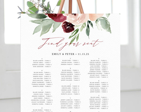 Burgundy and Blush Wedding Seating Chart Template, Alphabetical Seating Chart, Wedding Seating Board, Instant Download, Templett, W45