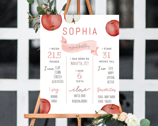 Apple 1st Birthday Poster Template, Printable Apple First Birthday Chalkboard Sign, Milestone Poster Board, Templett