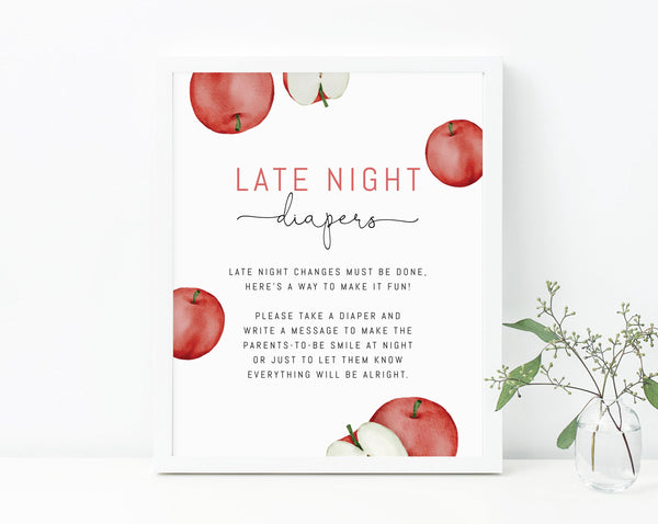 Apple Baby Shower Late Night Diapers Sign, Apple Themed Diapers Message Sign, Apple Baby Shower Game