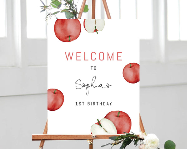 Apple Birthday Welcome Sign Template, Printable Apple Themed Party Welcome Sign,Apple of Our Eye, Editable, Templett