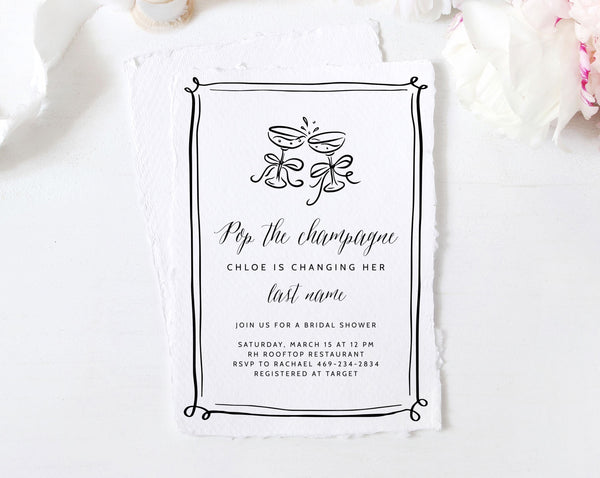 Pop The Champagne Bridal Shower Invitation Template, Champagne Theme Bridal Shower Invitation, Vintage Bridal Shower, Editable, Templett