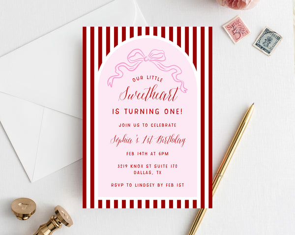 Valentine's Birthday Invite Template, Our Little Sweetheart Invitation, Baby Girl Birthday Day Party (Instant Download with Templett)