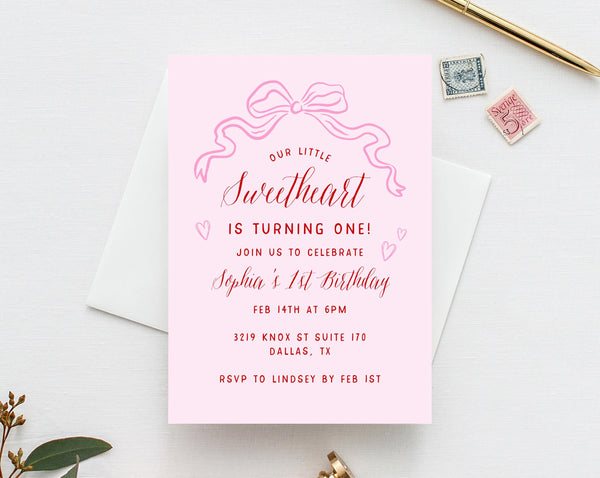 Valentine's Birthday Invite Template, Our Little Sweetheart Invitation, Baby Girl Birthday Day Party (Instant Download with Templett)