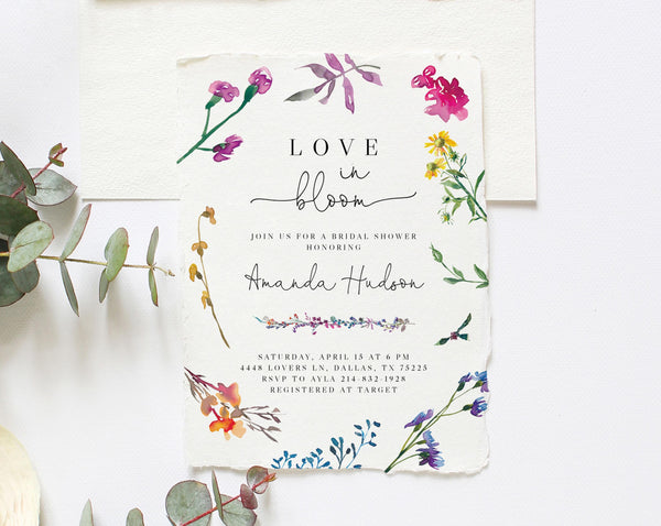 Love In Bloom Bridal Shower Invitation Template, Printable Wildflower Themed Bridal Shower Invite, Templett, B16