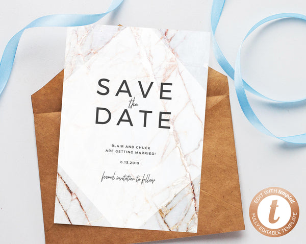 INSTANT DOWNLOAD Save the Date, Save the Date Template, Marble Save the Date Printable, Wedding Printable, Wedding Template, Templett, W03