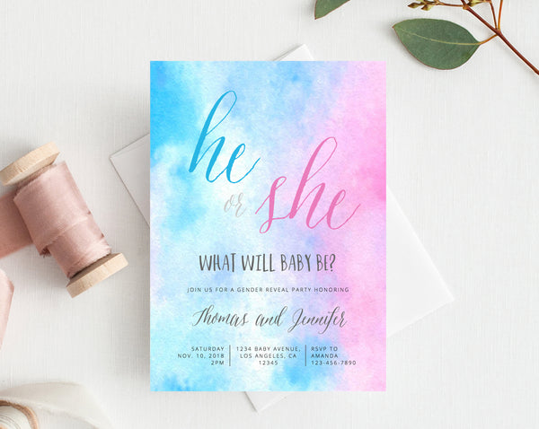INSTANT DOWNLOAD Gender Reveal Invitation Template, Printable Baby Shower, Watercolor He or She Invitation, Guess the Sex Party, Templett
