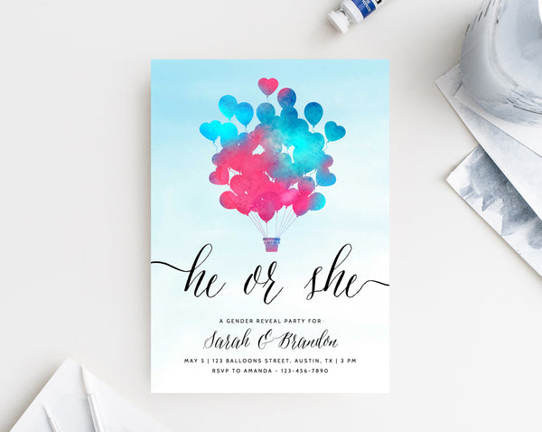 INSTANT DOWNLOAD Gender Reveal Party Invitation, Printable Gender Reveal, Boy or Girl, He or She Invitations, Pink or Blue, Templett
