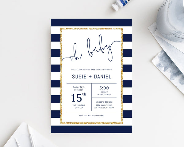 Navy Baby Shower Invitation Template, Navy and Gold Baby Shower Invite, Navy Stripes Invitation Printable, Instant Download, Templett, B03