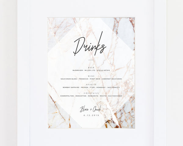 INSTANT DOWNLOAD Bar Menu Sign, Marble Wedding Bar Sign, Wedding Bar Menu Printable, Marble Drink Menu Sign, Reception Signs, Templett, W03