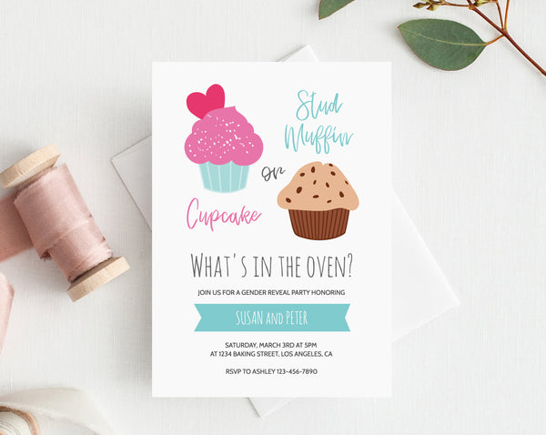 INSTANT DOWNLOAD Gender Reveal Party Invitation, Cupcake or Muffin Gender Reveal Party, Cupcake or Stud Muffin Invitation, Templett