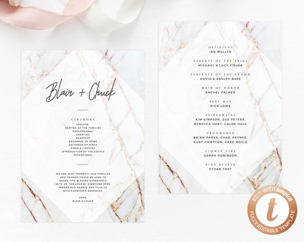 INSTANT DOWNLOAD Wedding Program Template, Printable Wedding Program, Editable Wedding Program, Marble Wedding Programs, Templett, W03