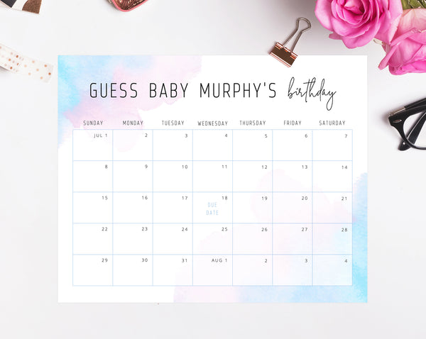 Due Date Calendar Template, Baby Shower Calendar, Baby Due Date Game, Printable Baby Birthday Predictions, Guess The Due Date, Templett B01
