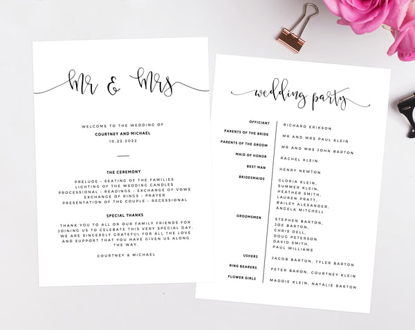 Mr & Mrs Wedding Program Template, Printable Wedding Program, Simple Wedding Program, Editable Ceremony Programs, Instant, Templett W16