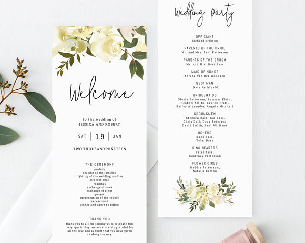 Floral Wedding Program Template, Printable Wedding Program, Greenery Wedding Program, Editable Ceremony Programs, Instant, Templett, W18