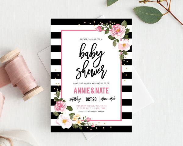 INSTANT DOWNLOAD Baby Shower Invitation Template, Stripes Printable Baby Shower, Black and White, Kate Inspired, Themed, Templett