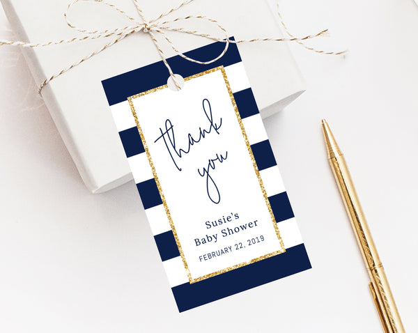 INSTANT DOWNLOAD Favor Tags, Thank You Tag, Stripes Baby Shower Favor Tag, Baby Shower Gift Tag, Favor Label, Navy and Gold, Templett, B03