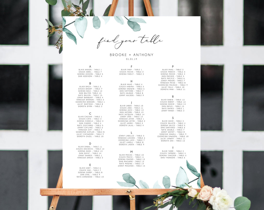 Wedding Seating Chart Template, Alphabetical Seating Chart, Greenery W ...