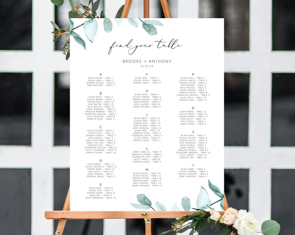 INSTANT DOWNLOAD Wedding Seating Chart Template, Alphabetical Seating Chart, Greenery Wedding Seating Board, Eucalyptus Table, Templett, W21