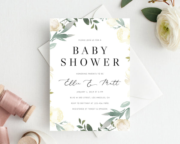 INSTANT DOWNLOAD Baby Shower Invitation Template, Printable Floral Baby Shower Invitation, Baby Shower Invitation, Greenery, Templett