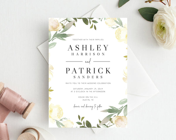 Wedding invitation template, Printable Wedding Invitation Suite, Watercolor Floral Wedding Invitation Set, Greenery, White, Templett, W19B