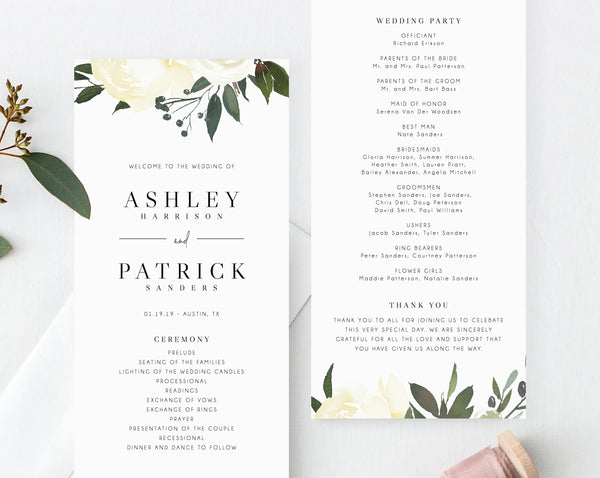 Floral Wedding Program Template, Printable Wedding Program, Greenery Wedding Program, Editable Ceremony Programs, Instant, Templett, W19