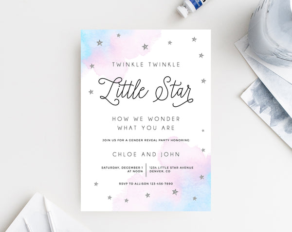 INSTANT DOWNLOAD Gender Reveal Party Invitation, Twinkle Twinkle Little Star, Boy or Girl Reveal Party Invite, He or She, Template, Templett