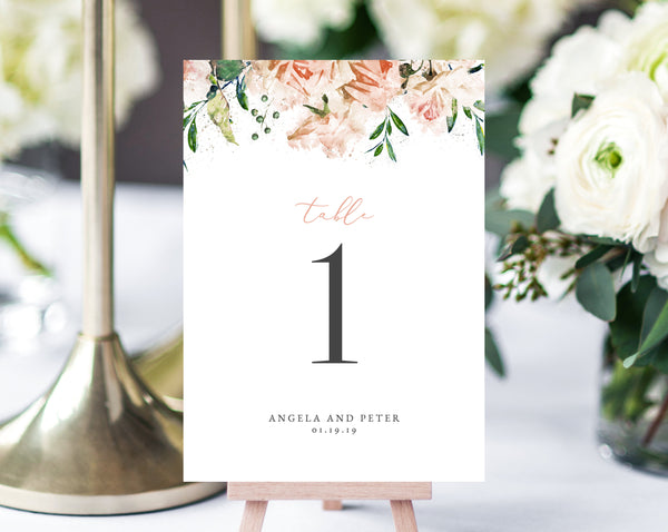INSTANT DOWNLOAD Wedding Table Numbers, Printable Wedding Table Numbers, Floral Table Numbers Card Template, Blush Wedding, Templett, W22