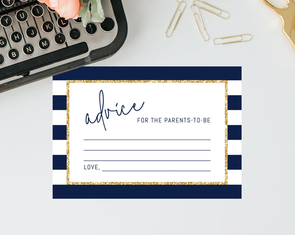 Advice Card Template, Baby Shower, Words of Wisdom, Advice For Mom To Be, Advice For Parents, Baby Shower Games, Navy Stripes, Templett, B03