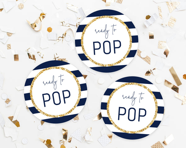 Ready To Pop Labels Template, Ready To Pop Tags, Baby Shower Labels, Ready To Pop Printable, Navy and Gold, Navy Stripes, Templett, B03