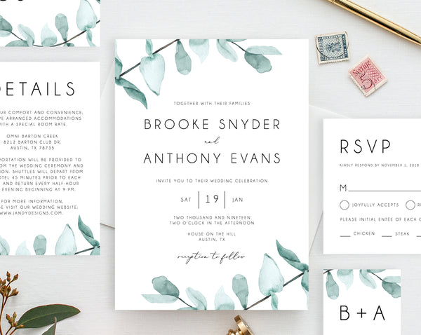 Wedding Invitation Template, Printable Wedding Invitation Suite, Watercolor Eucalyptus Leaves Wedding Invitation, Greenery, Templett, W21