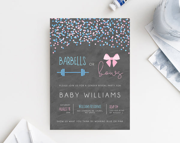 INSTANT DOWNLOAD Gender Reveal Party Invitation Template, Printable Gender Reveal, Barbells or Bows Invitation, He or She, Templett
