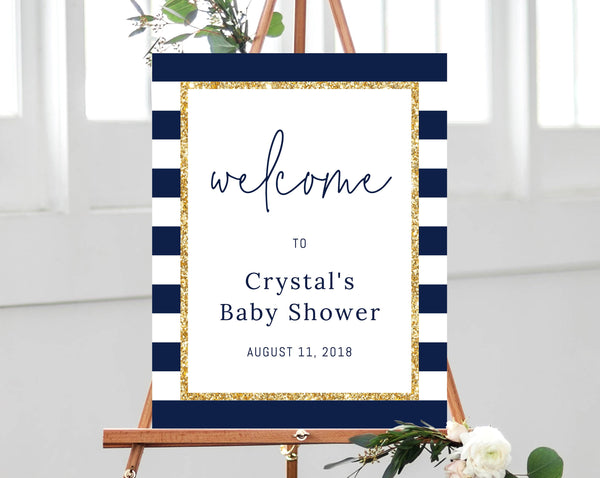 Welcome Sign Template, Navy and Gold Welcome Sign, Baby Shower Printable, Baby Shower Sign, Navy Stripes Welcome Sign, Templett, B03