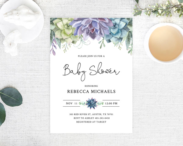Editable Succulent Baby Shower Invitation Template, Printable Baby Shower Invitations, Watercolor Green and Purple Baby Shower, Templett