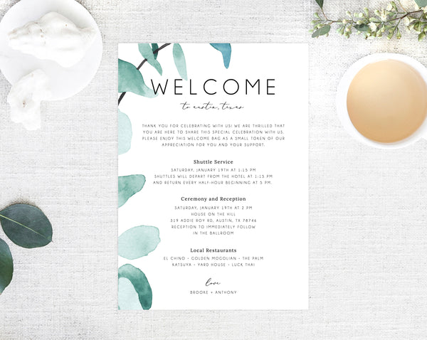 Welcome Letter Template, Wedding Itinerary Card, Greenery Welcome Bag Letter, Wedding Agenda, Printable Hotel Welcome Note, Templett, W21