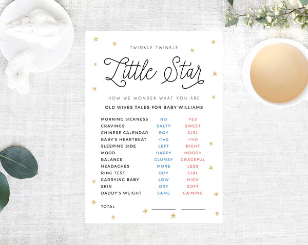 Gender Reveal Sign Template, Old Wives Tales Chart, Twinkle Twinkle Little Star Old Wives Tales Printable, Gender Reveal Game, Templett, B07