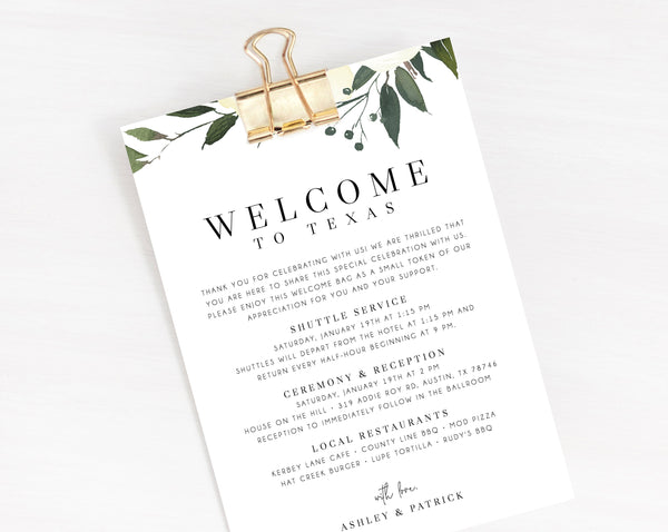 Welcome Letter Template, Wedding Itinerary Card, Welcome Bag Letter, Wedding Agenda, Printable Hotel Welcome Note, Templett, W19