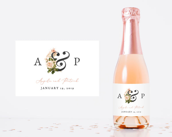 Mini Champagne Bottle Label Template, Blush Floral Wedding Favor Mini Champagne Sticker | Instant Download Editable Template, Templett, W22