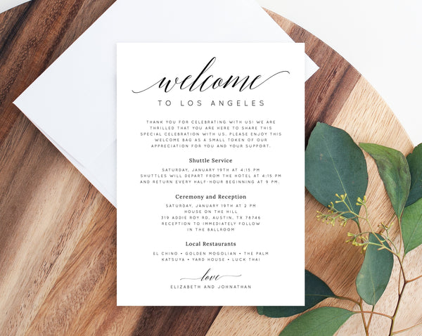 Welcome Letter Template, Wedding Itinerary Card, Welcome Bag Letter, Wedding Agenda, Printable Hotel Welcome Note, Templett, W02