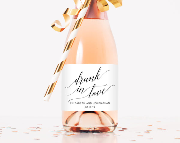 Mini Champagne Bottle Label Template, Drunk In Love Wedding Favor Mini Champagne Sticker, W02 | Instant Download Editable Template, Templett