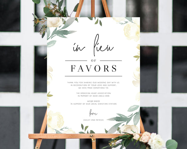 In Lieu of Favors Sign Template, Floral In Lieu of Favors Sign, Editable In Lieu of Favors Sign, Wedding Donation Sign, Templett, W19