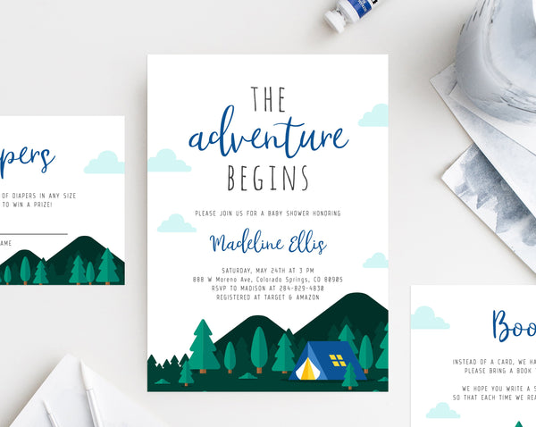 Adventure Begins Baby Shower Invitation Template, Printable Camping Baby Shower, Editable Adventure Baby Shower Invite, Templett, B06