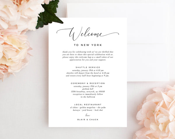 Welcome Letter Template, Wedding Itinerary Card, Welcome Bag Letter, Wedding Agenda, Printable Hotel Welcome Note, Templett, W15