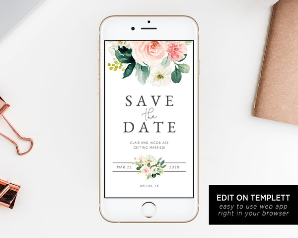 Blush Floral Electronic Save the Date Template, Mobile Save the Date, Phone Invite, Phone Save the Date, Editable Template, Templett