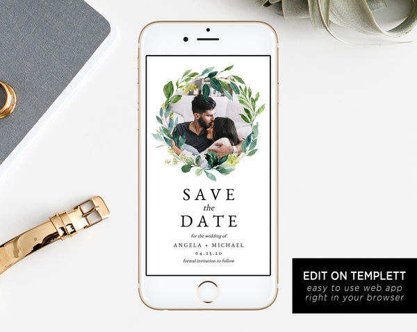 Greenery Electronic Save the Date Template, Mobile Save the Date with Picture, Phone Invite, Phone Photo Save the Date, Templett, W28