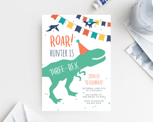 Dinosaur Birthday Invitation Template, Three-Rex Dinosaur Invite, Dinosaur Invite, T-Rex Birthday Invitation Digital File, Templett B12