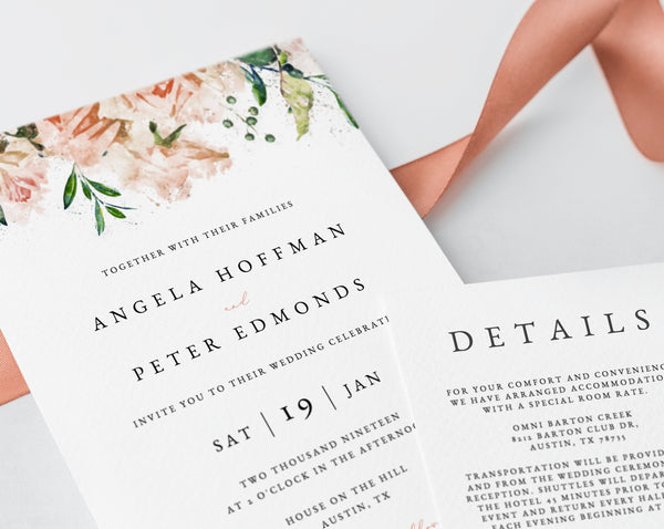 Wedding invitation template, Printable Wedding Invitation Suite, Blush Flowers Wedding Invitation Set, Floral Wedding, Templett, W22B