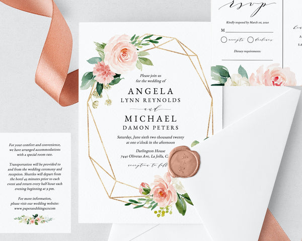 Wedding Invitation Template, Printable Wedding Invitation Suite, Blush Flowers Wedding Invitation Set, Floral Wedding, Templett, W29