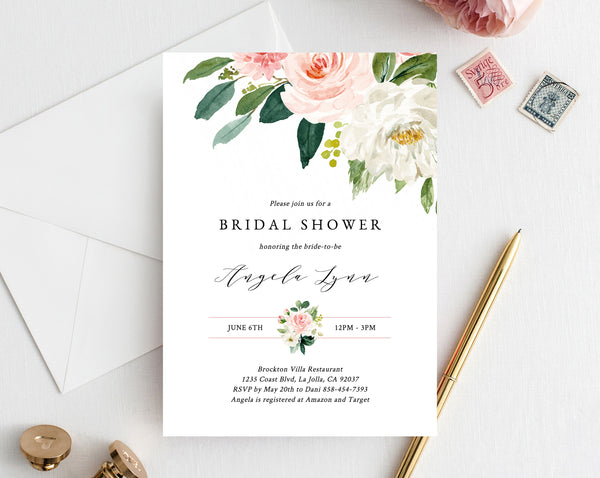 Bridal Shower Invitation Template, Printable Bridal Shower Invite, Blush Floral Bridal Invitation, Bridal Shower Invites, Templett, W29