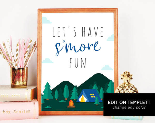 S'mores Bar Sign Printable, Adventure Begins Baby Shower S'mores Sign, S'more Fun, Party Smore, Templett, B06