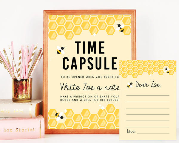 Bee Day Time Capsule Sign Template, Printable Bee Day Time Capsule, Editable First Birthday Time Capsule With Matching Cards, Templett